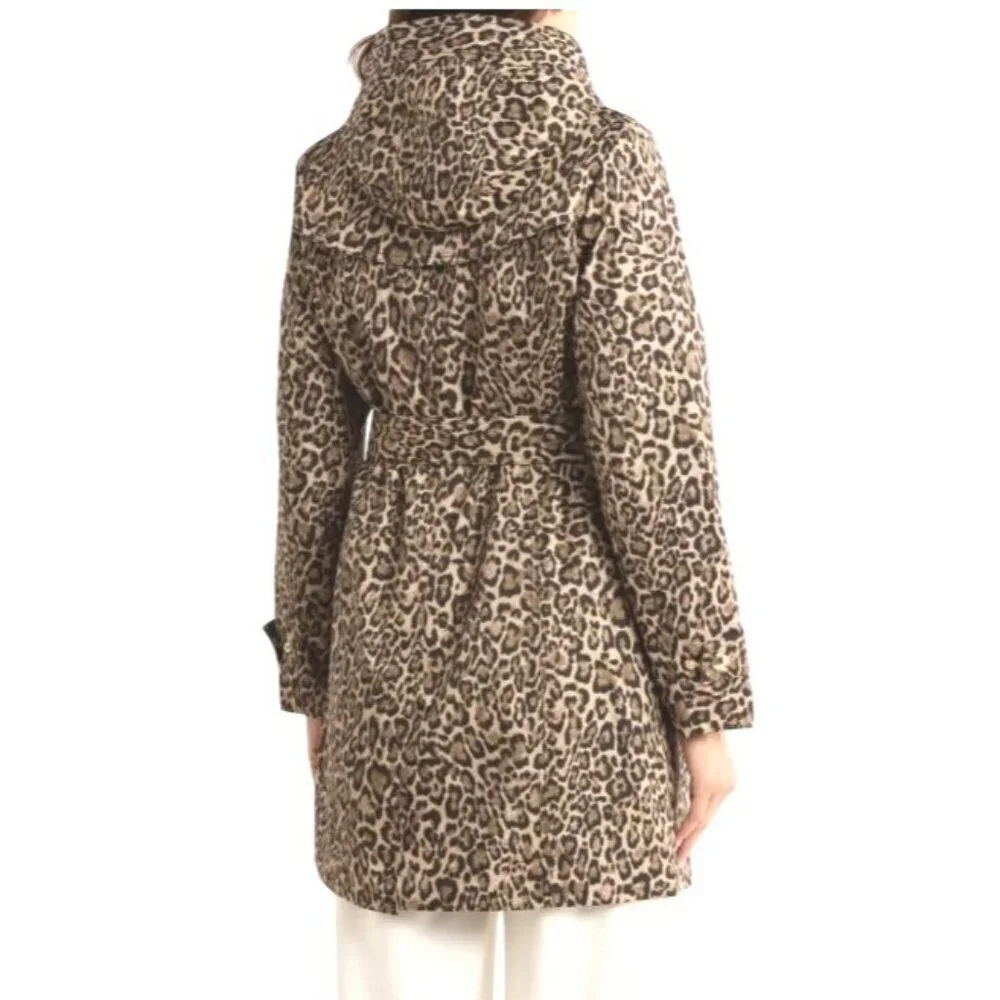 Michael Kors Womens Brown Leopard Zip Water Resistant Mid Trench Coat Sz L New